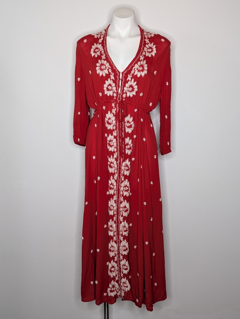 Free People Fable Red White Floral Embroidered Drawstring Waist Maxi Dress M